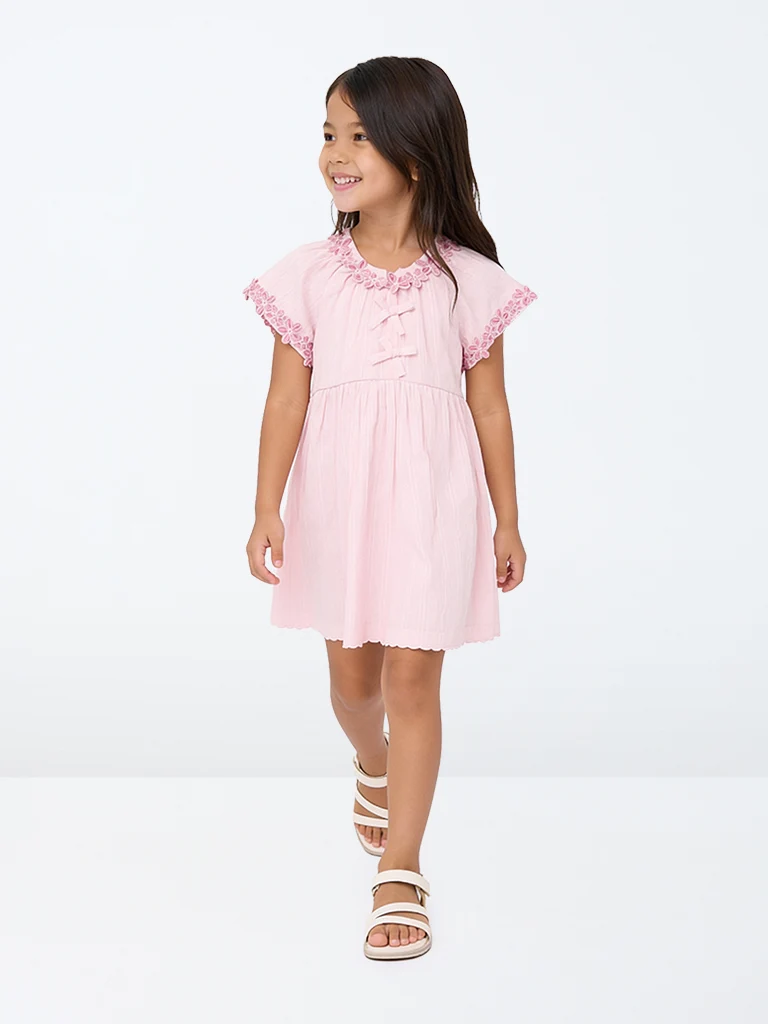 Kids Girls Light Pink Floral Embroidered Cotton A-Line Dress